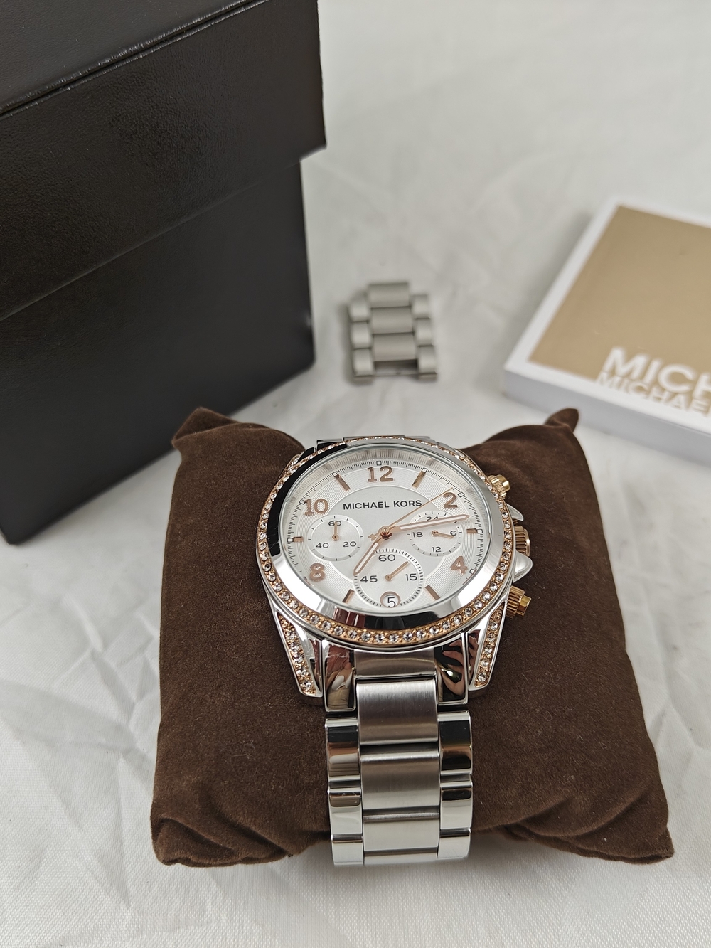 Michael Kors Women's Silver and Rose Gold-Tone Chronograph Watch NEW BATTERY